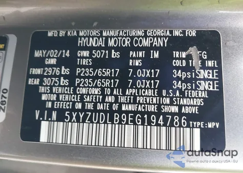 2014 Hyundai Santa Fe Sport 2.4L from USA, damaged, VIN 5XYZUDLB9EG194786